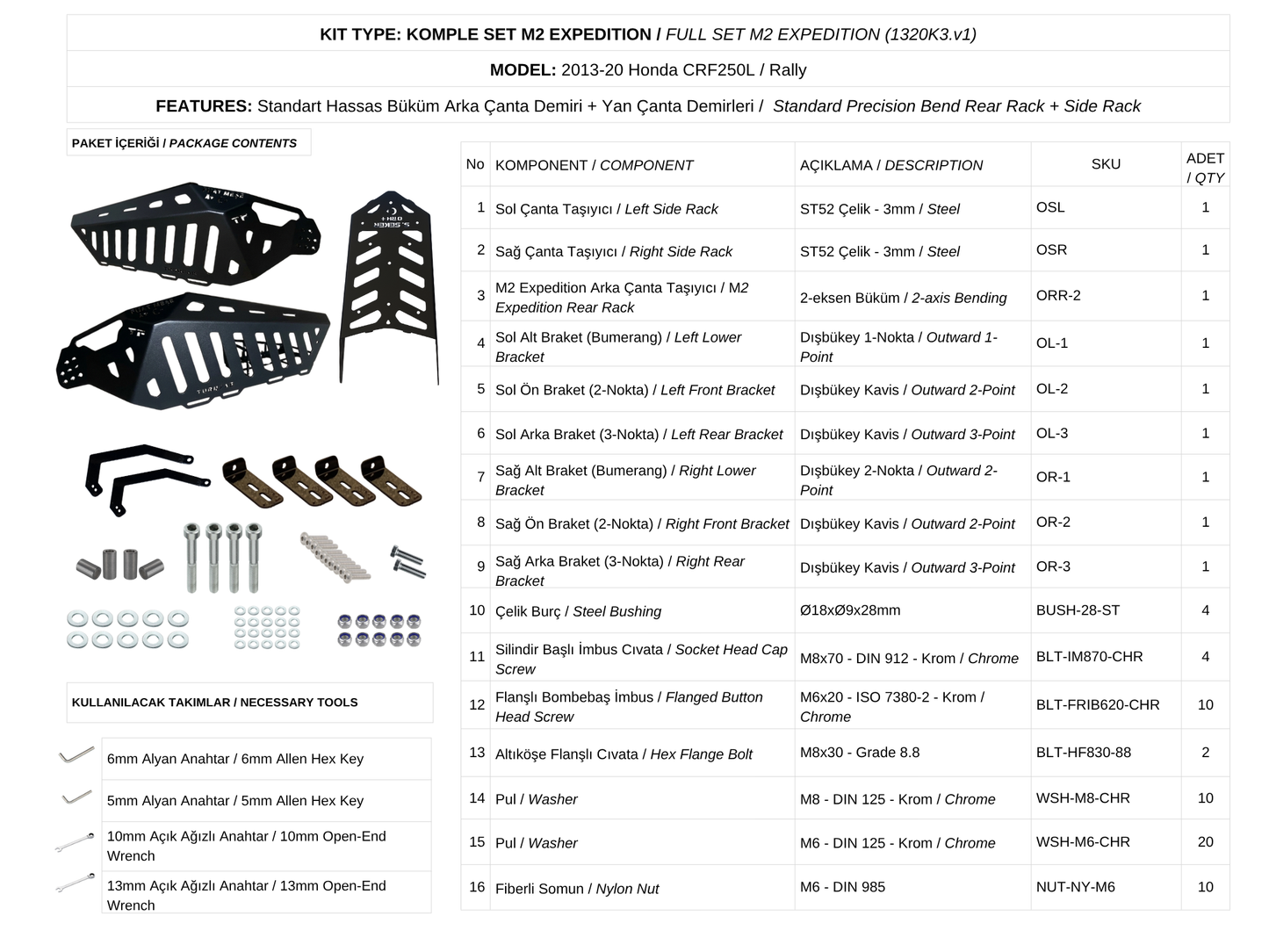 CRF250L / Rally (2013-20) Çanta Demirleri Komple Set | Side & Rear Luggage Rack Set