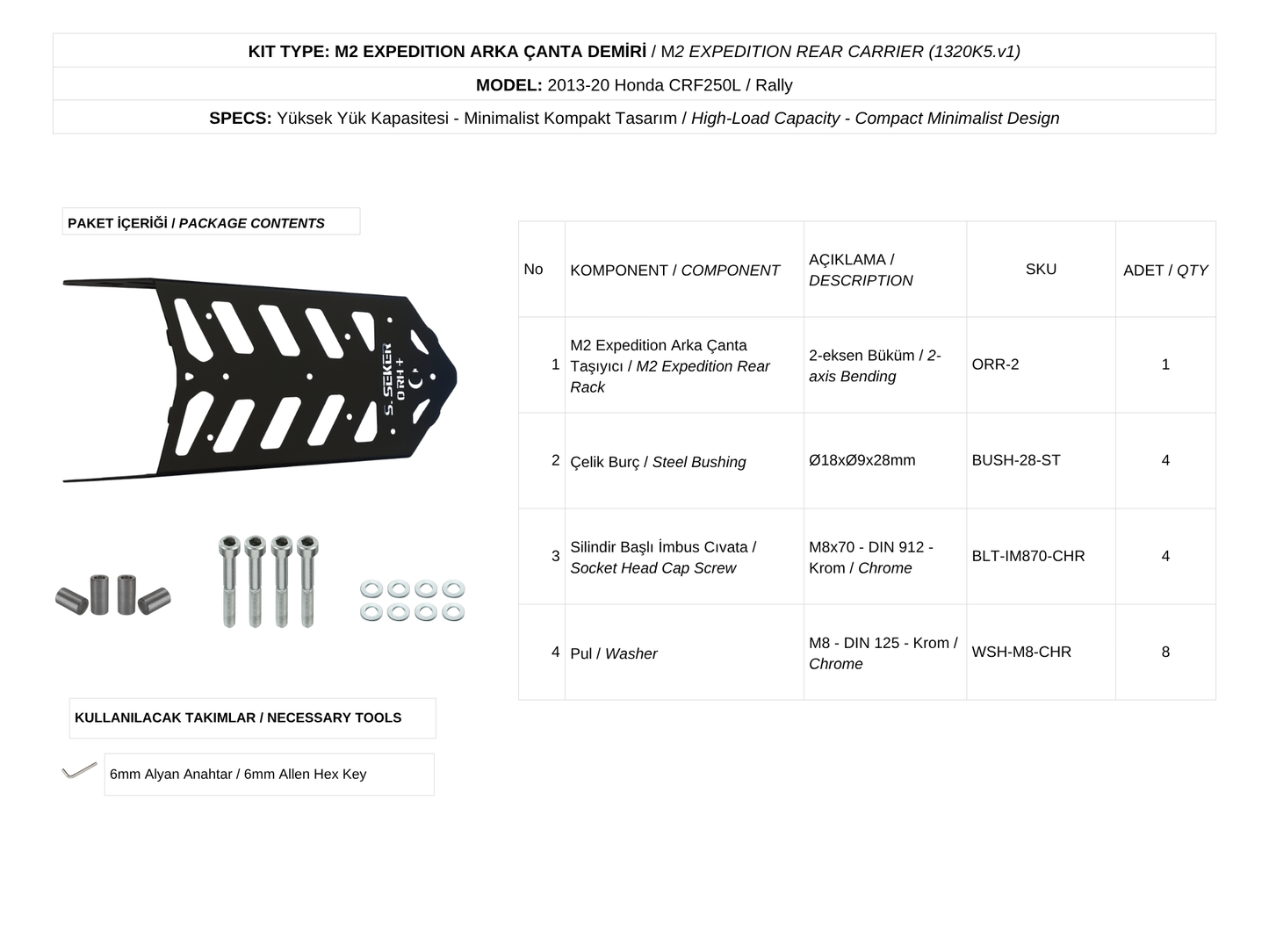 Torqfab Honda CRF250L / Rally (2013-2020) M2 Expedition Arka Çanta Demiri
