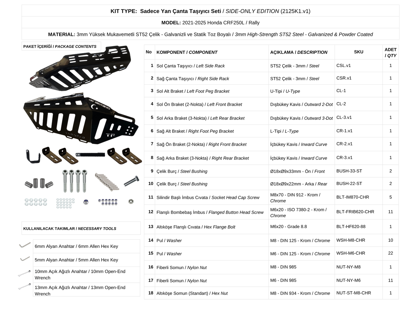 CRF250L / Rally (2021-25) Yan Çanta Demiri | Side Luggage Racks