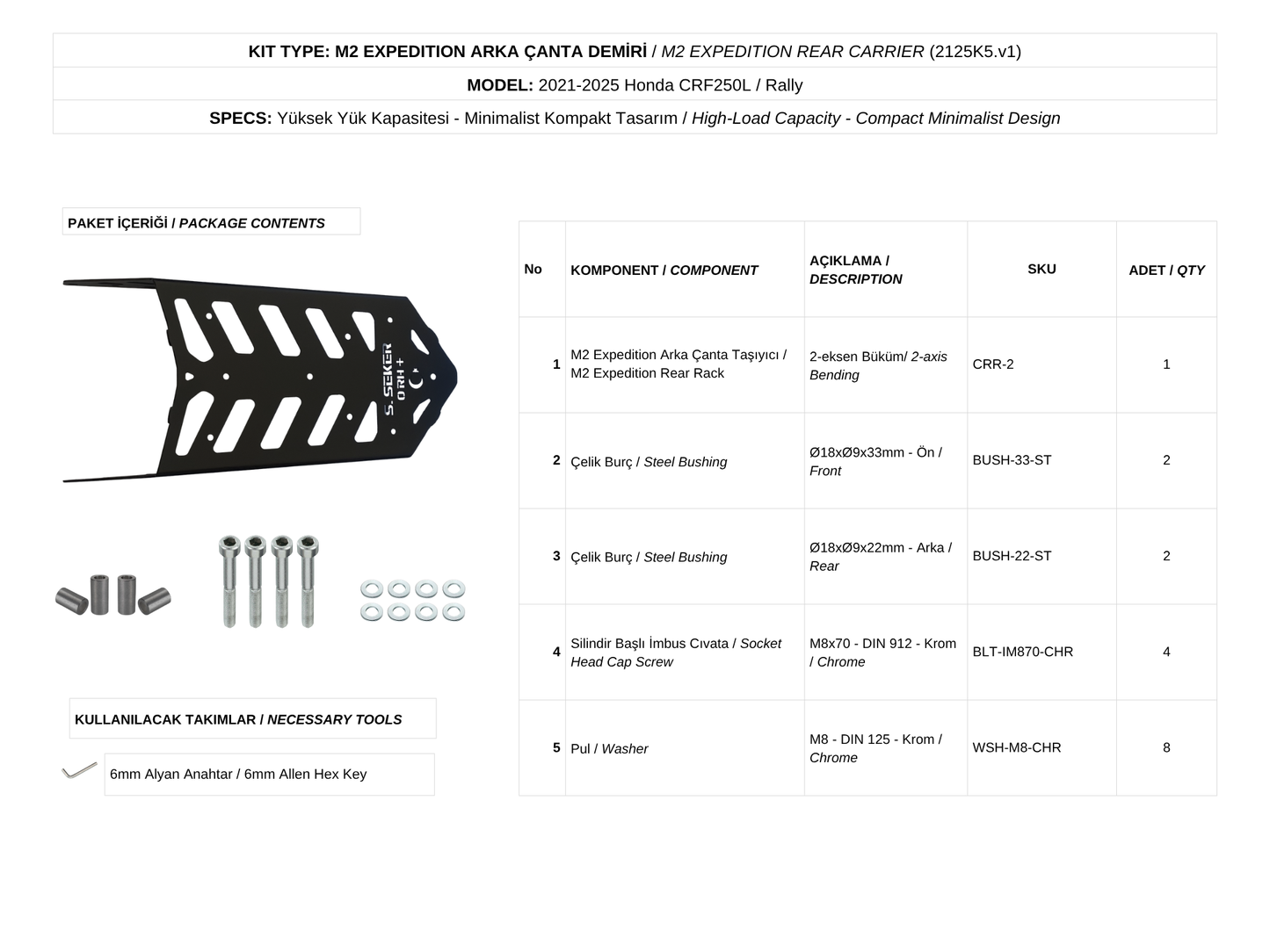 Torqfab Honda CRF250L / Rally (2021-2025) M2 Expedition Arka Çanta Demiri