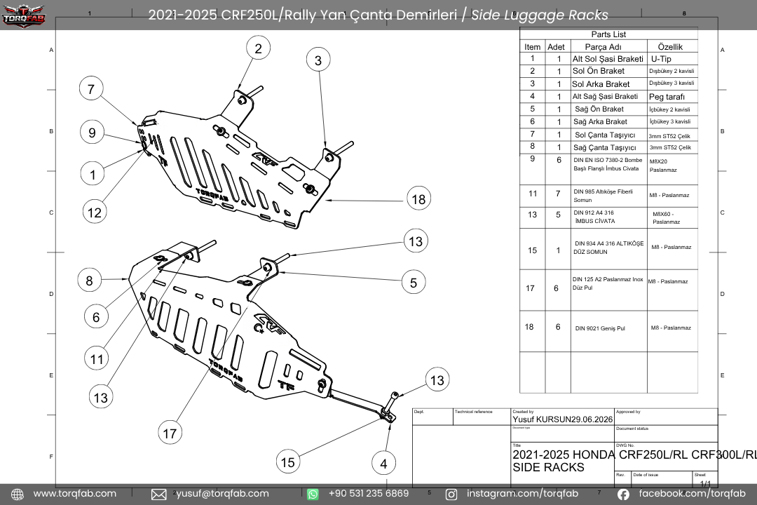 Torqfab Honda CRF250L / Rally (2021-2026) Yan Çanta Demiri / Egzoz Koruma Demiri