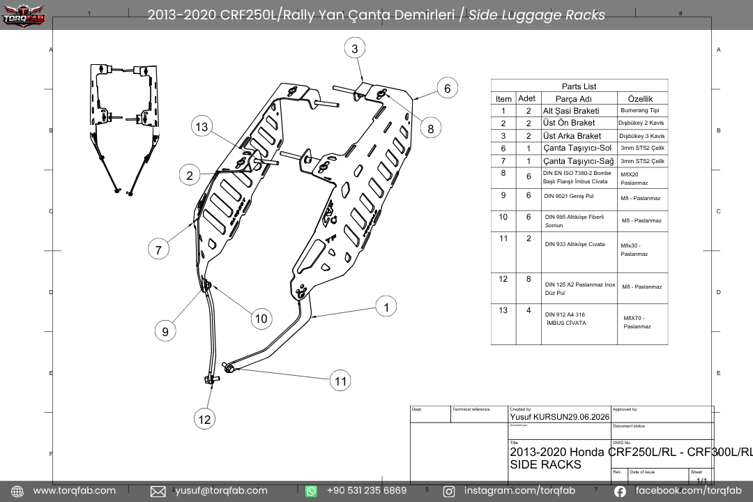 Torqfab Honda CRF250L / Rally (2013-2020) Yan Çanta Demiri