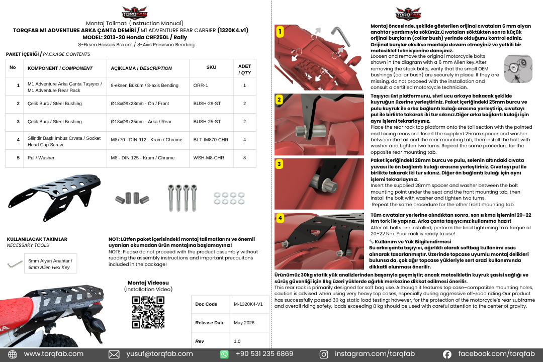 Torqfab Honda CRF250L / Rally (2013-2020) M1 Adventure Arka Çanta Demiri