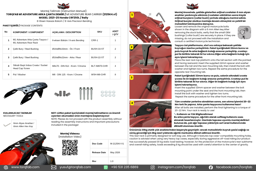 Torqfab Honda CRF250L / Rally (2021-2025) M1 Adventure Arka Çanta Demiri